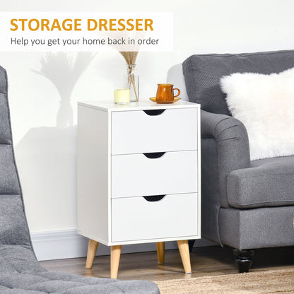 HOMCOM Bedside Table, Bedside Cabinet with 3 Drawers, Small Side Table with Wood Legs and Cut-out Handles for Bedroom, Cream White 