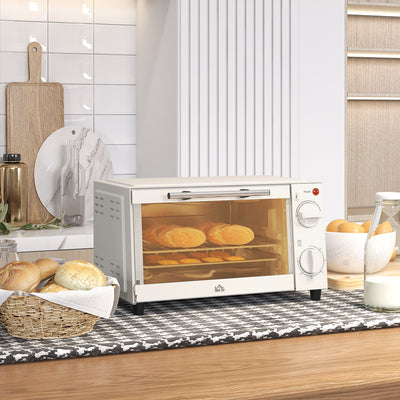 HOMCOM Mini Oven, 9L Countertop Electric Grill, Toaster Oven with Adjustable Temperature, Timer, Dishwasher Safe Baking Tray and Wire Rack, 750W, Cream 