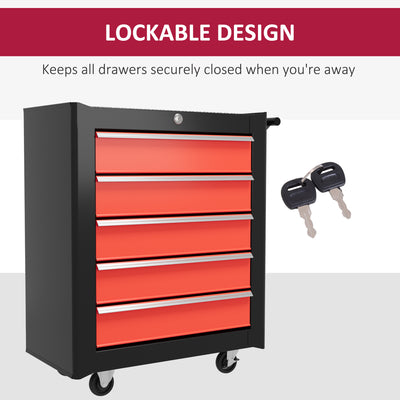 HOMCOM 5-Drawer Tool Chest with Wheels, Steel Lockable Tool Storage Cabinet with Handle, 2 Keys for Garage, Workshop, Red 