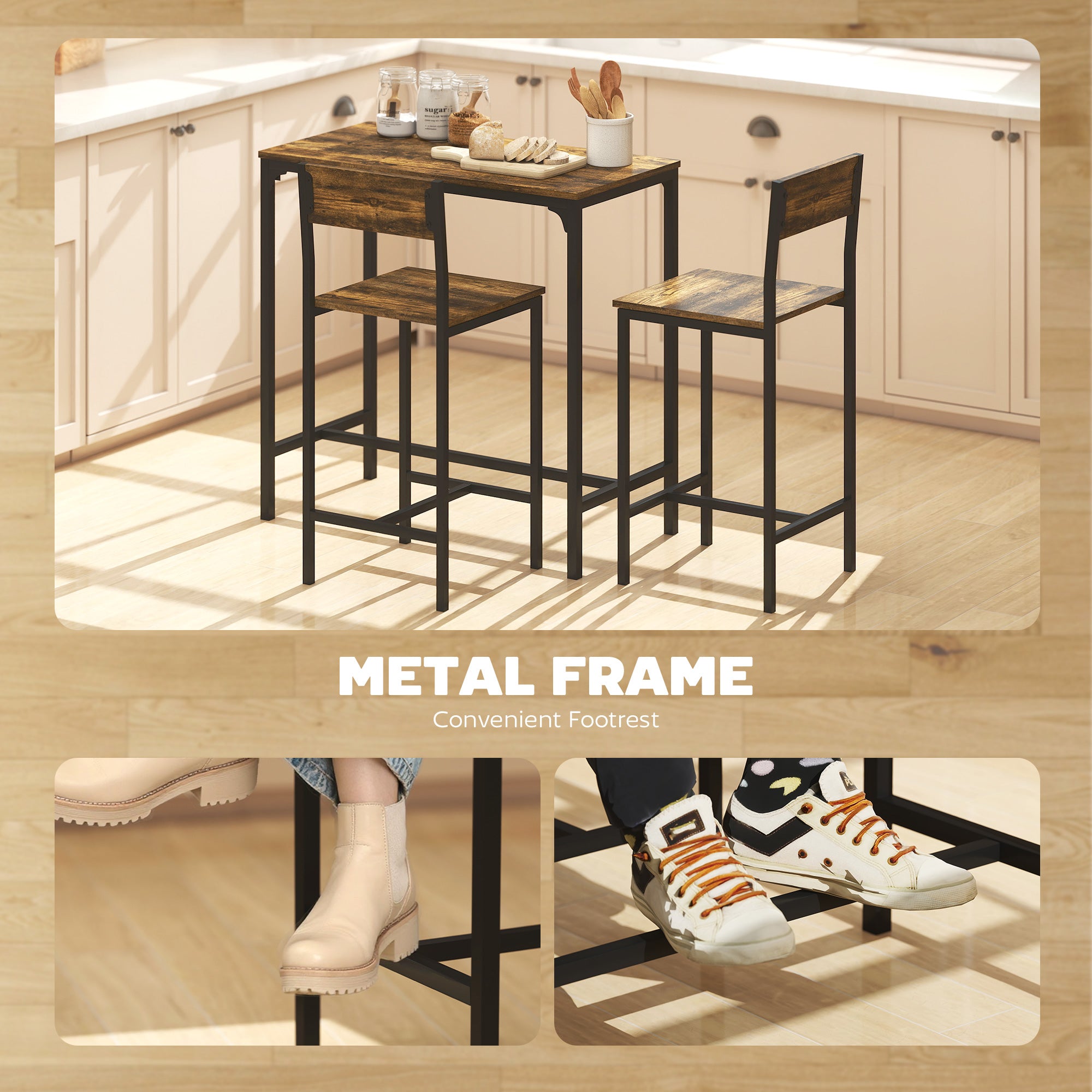 HOMCOM 3-Piece Bar Table Set with 2 Stools, Industrial Breakfast Bar Set with Footrest, Backrest for Dining Room, Small Space 