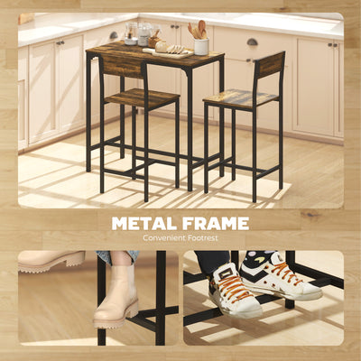 HOMCOM 3-Piece Bar Table Set with 2 Stools, Industrial Breakfast Bar Set with Footrest, Backrest for Dining Room, Small Space 