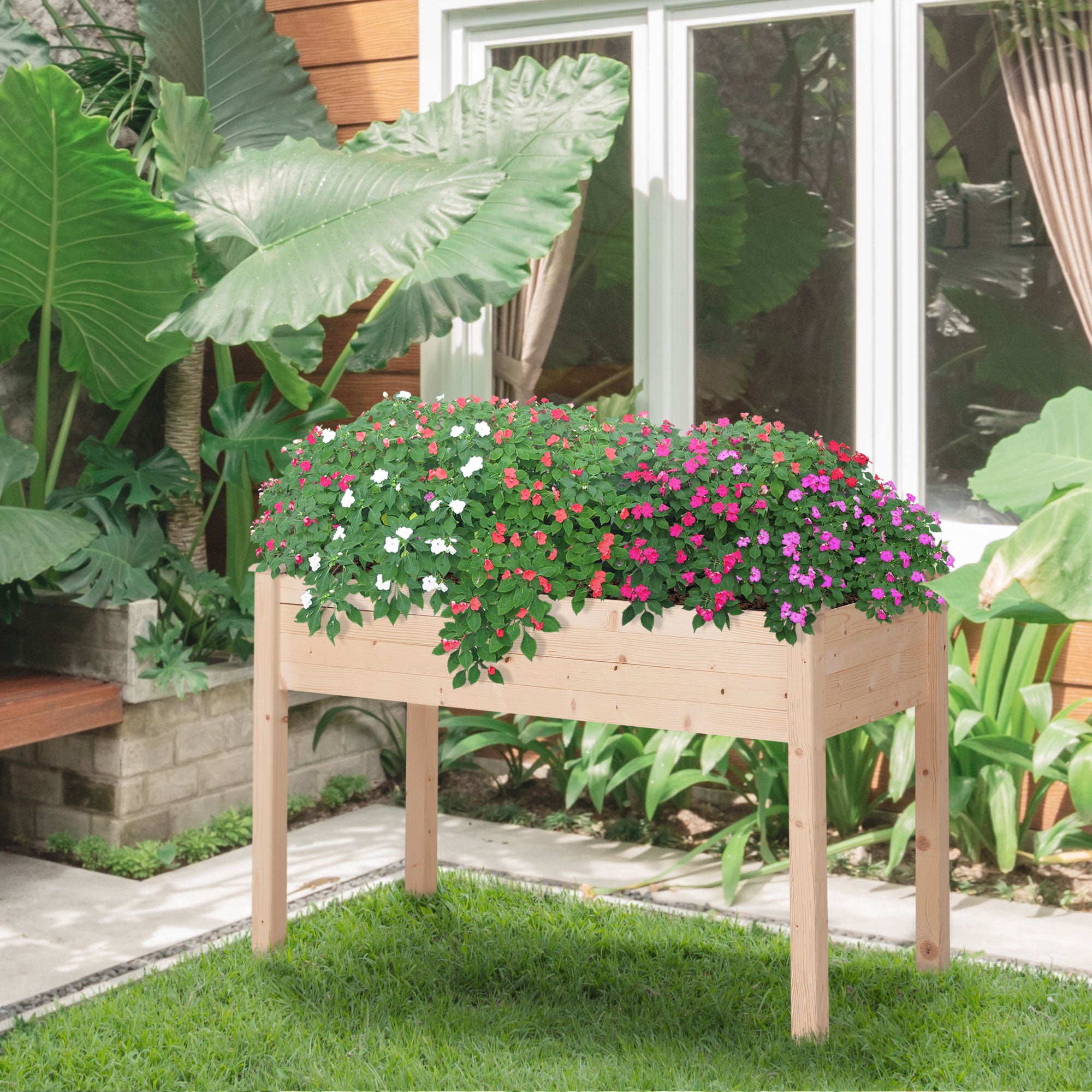 Outsunny Garden Wooden Planters， Non-Woven Fabric, Rectangular Raised Bed,Fir Wood，Indoor/Outdoor, 122.5Lx56.5Wx76H cm 