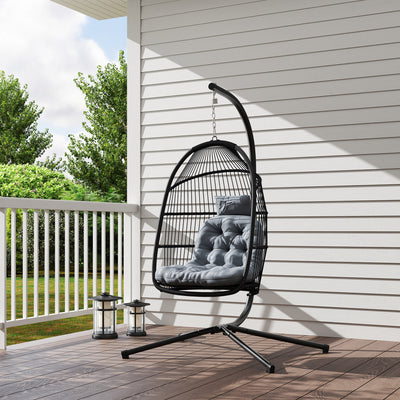 Outsunny Rattan Hanging Egg Chair with Stand, Foldable Wicker Swing Egg Chair with Cushion, Head Pillow, Steel Frame, Hammock Chair for Indoor Outdoor, Capacity 150 kg, Dark Grey 