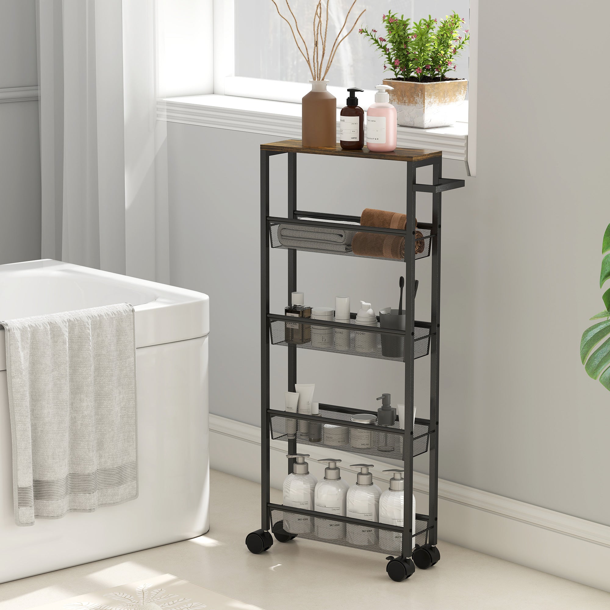 HOMCOM Slim Storage Trolley, 5-Tier Kitchen Cart on Wheels with Wood-effect Top, Handle for Living Room, Bathroom, Black 