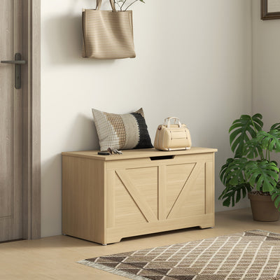 HOMCOM 100L Home Storage Box, with Safety Hinges - Natural Wood Finish 