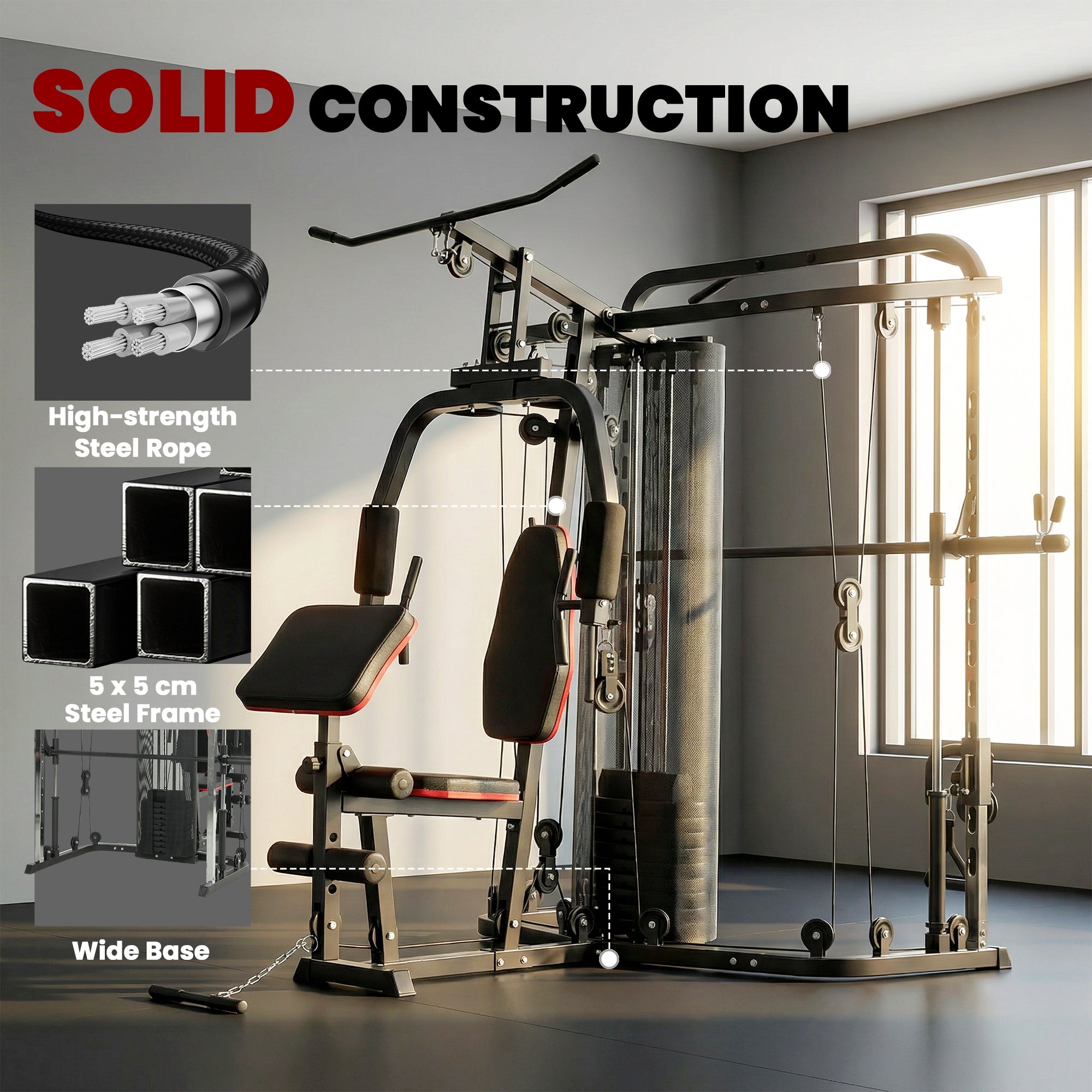 SPORTNOW Home Multi Gym Smith Machine with 65kg Weight Stack, Cable Pulley System, Chest Station, Preacher Pad & Leg Developer 