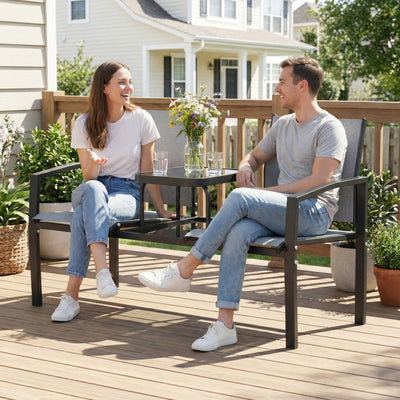 Outsunny Garden Love Seat, 2 Seater Jack and Jill Loveseat Companion Seat with 2-Tier Glass Table, Breathable Texteline, Grey 