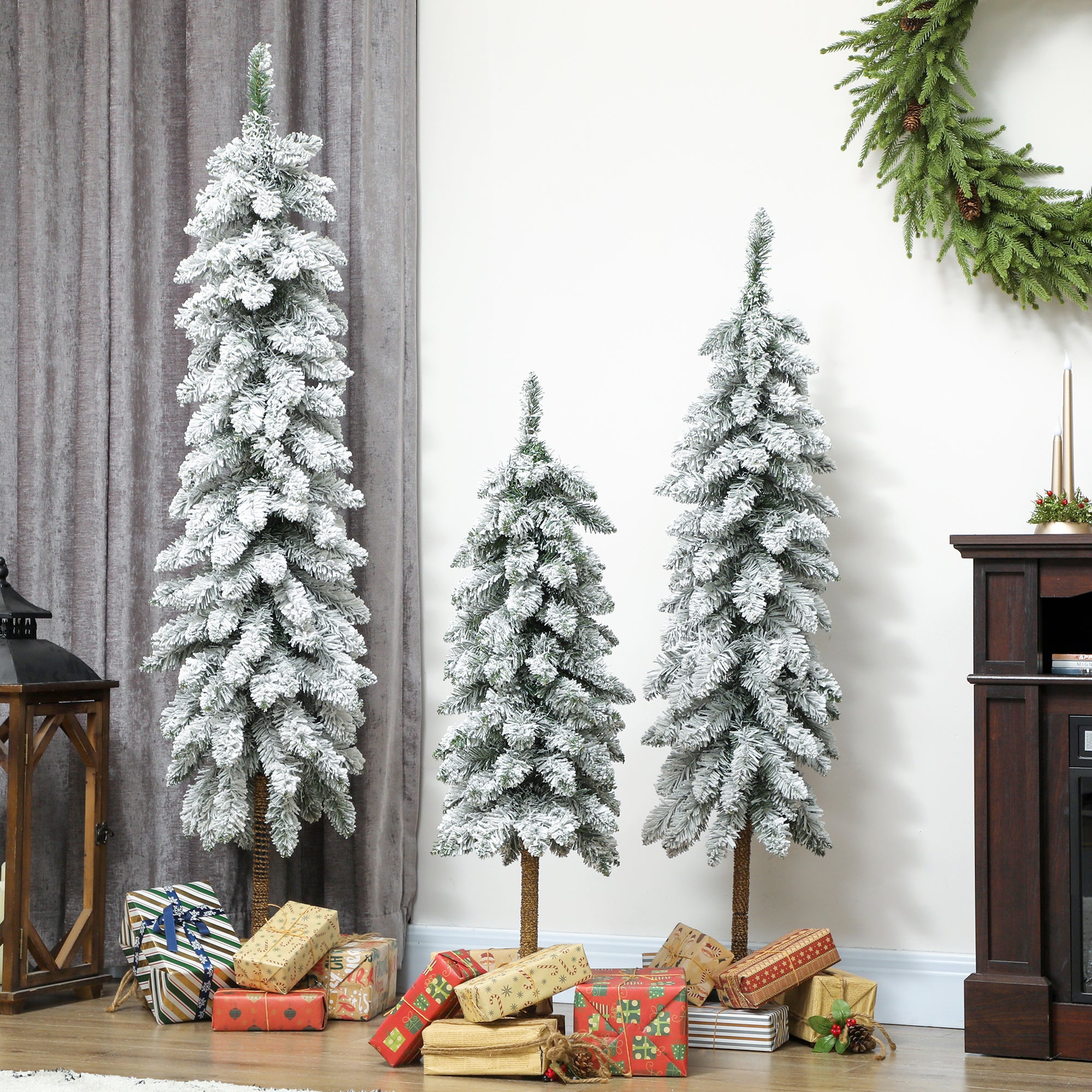 HOMCOM Set of 3 Pencil Flocked Christmas Tree, 3ft 4ft 5ft