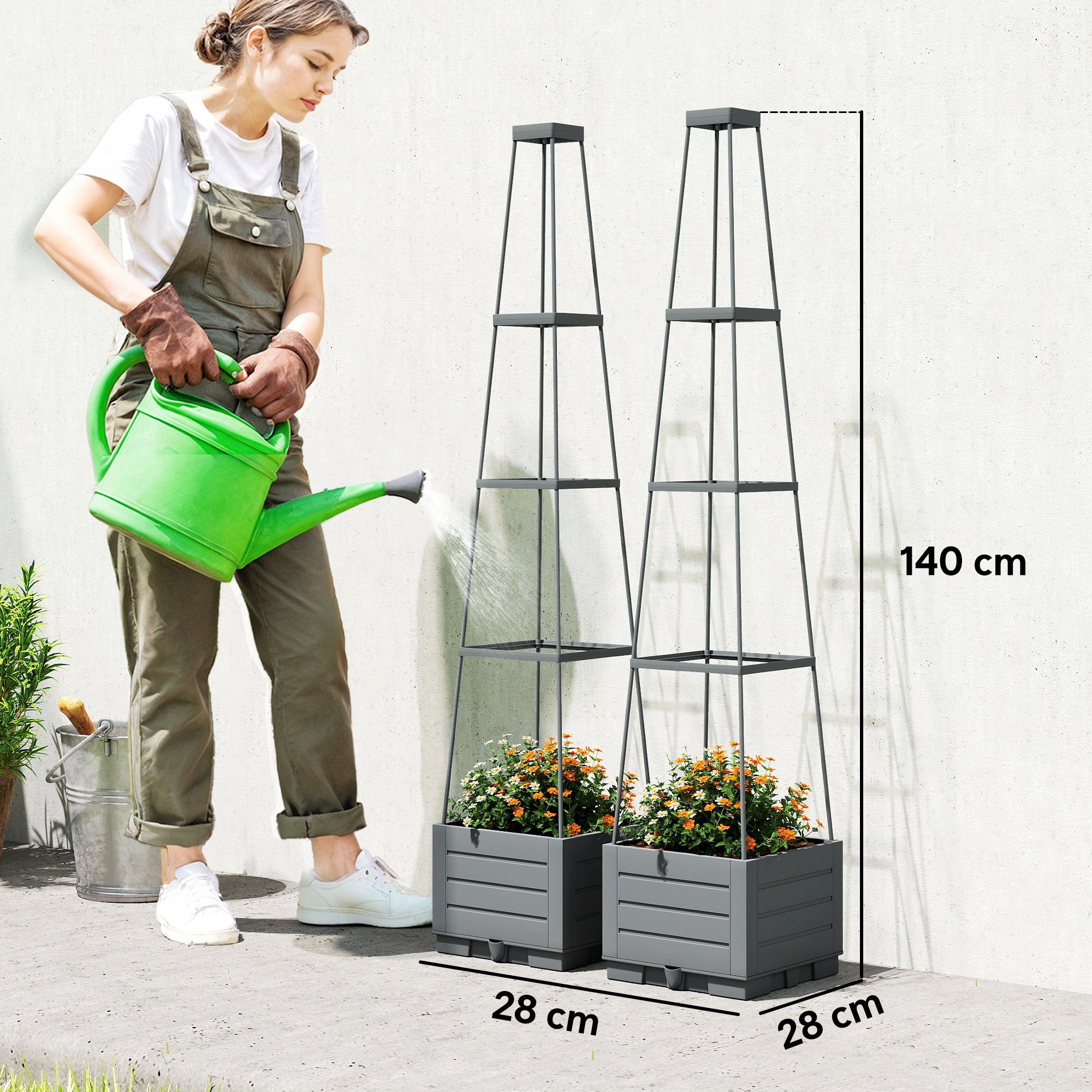 Outsunny 2 Pack Raised Garden Bed with Trellis, Plastic Outdoor Planter Box with Removable Drainage Tray 