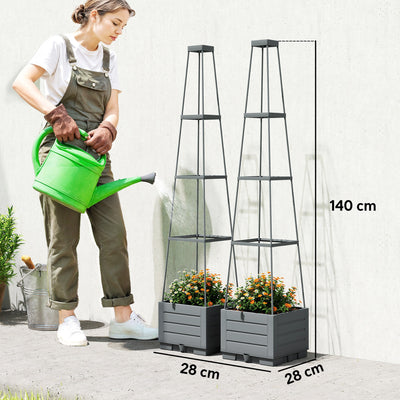 Outsunny 2 Pack Raised Garden Bed with Trellis, Plastic Outdoor Planter Box with Removable Drainage Tray 