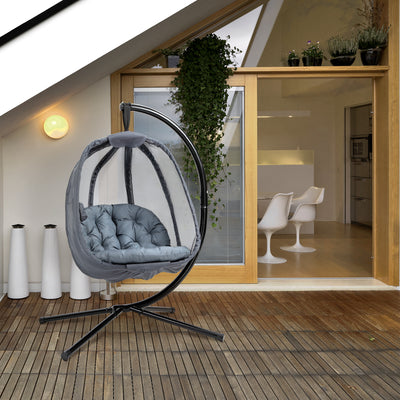 Outsunny Hanging Egg Chair, Folding Texteline Swing Hammock with Side Pocket, Cushion and Stand for Indoor Outdoor, Patio Garden Furniture, Grey 