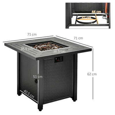 Outsunny Square Propane Gas Fire Pit Table, 40000 BTU Rattan Smokeless Firepit Patio Heater with Protective Cover, Lava Rocks and Lid, 71cm x 71cm x 62cm, Black 