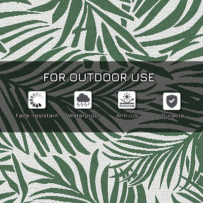 Outsunny Reversible Outdoor RV Rug, 1.5 x 2.4m Patio Floor Mat, Waterproof Plastic Straw Rug for Garden, Deck, Picnic, Beach, Camping, Green Leaves, Green and White 