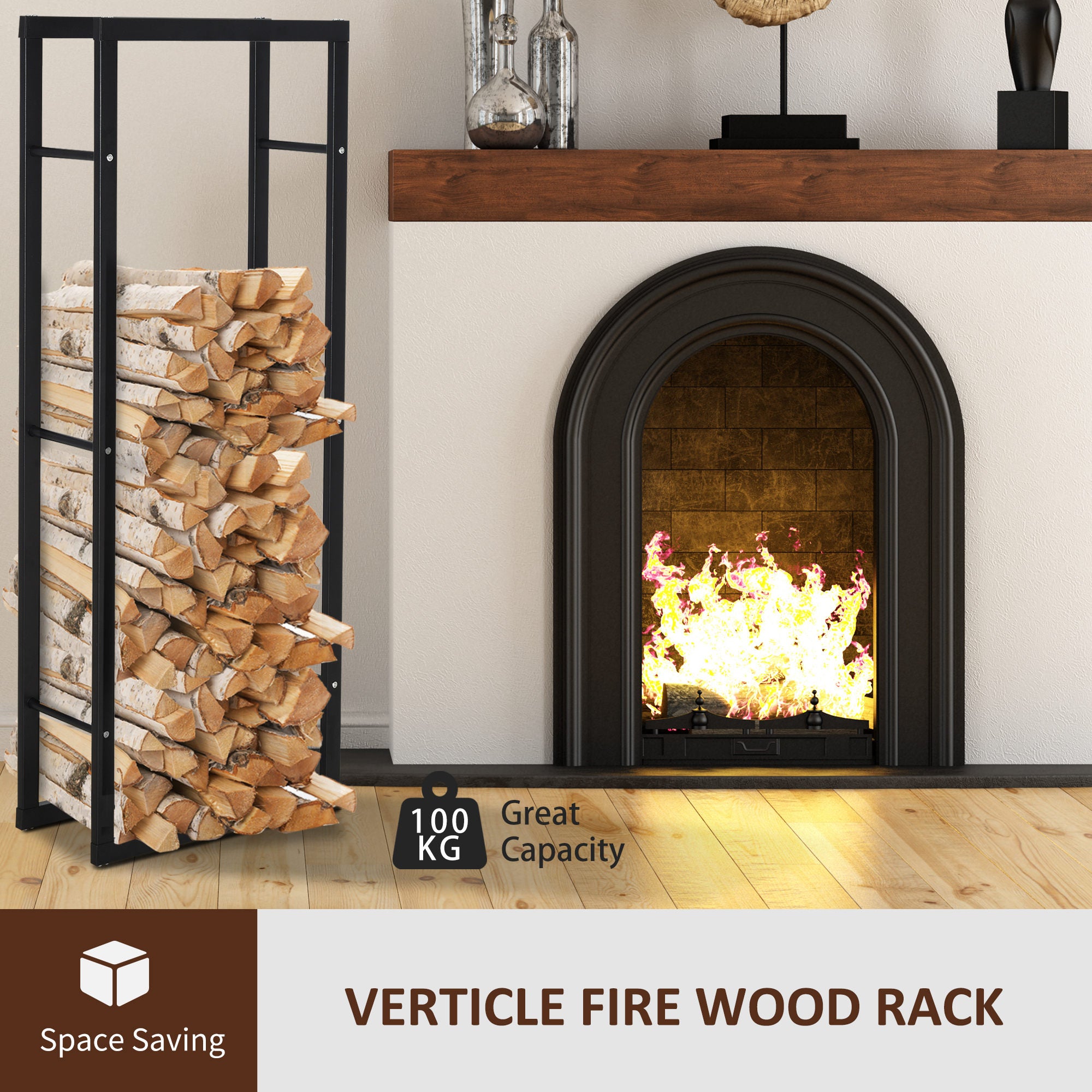 HOMCOM Metal Firewood Log Holder Tall Firewood Rack Indoor Outdoor Fireplace Wood Storage Shelf with Side Rails, Rust-Resistant, Black, 40W x 25D x 150H cm 