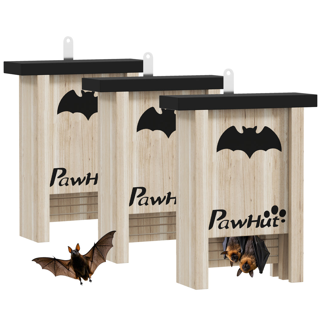 PawHut 3PCs Wooden Bat Boxes, Bat Houses Designed to Attract Bats & Easy to Hang for Outdoor, Garden, Farm, 18 x 6 x 22.5 cm 