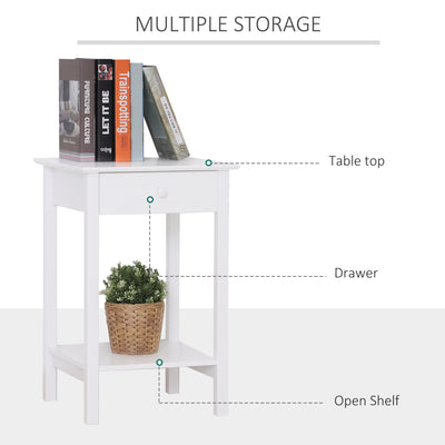 HOMCOM White Bedside Table, Wooden Side Table, Nightstand, Bedside Cabinet with Drawer and Storage Shelf for Bedroom and Living Room 