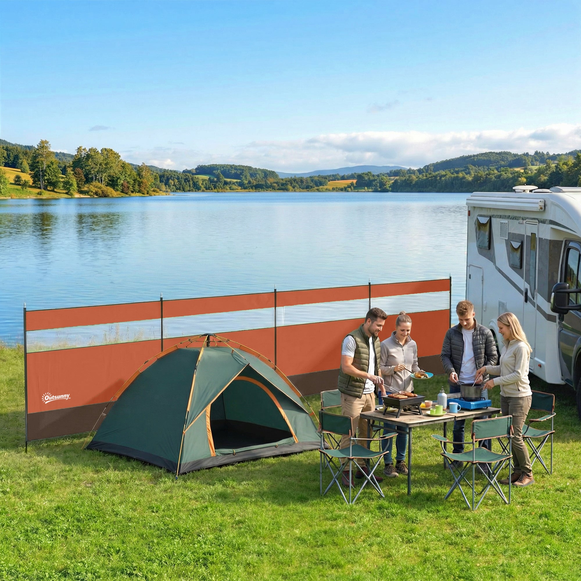 Outsunny Camping Windbreaker with Clear Windows, Carry Bag and Steel Poles, for Beach Caravan Campervan, 725 x 140cm, Orange 