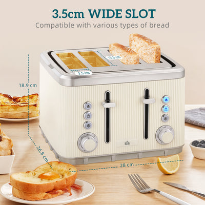 HOMCOM Electric Stainless Steel Kettle and Toaster Set, 3000W 1.7L UK Strix Thermostat Fast Boil Kettle w/ Limescale Filter, Cool Touch Body, 4 Slice Toaster with 7 Browning Levels, Crumb Tray, Cream 