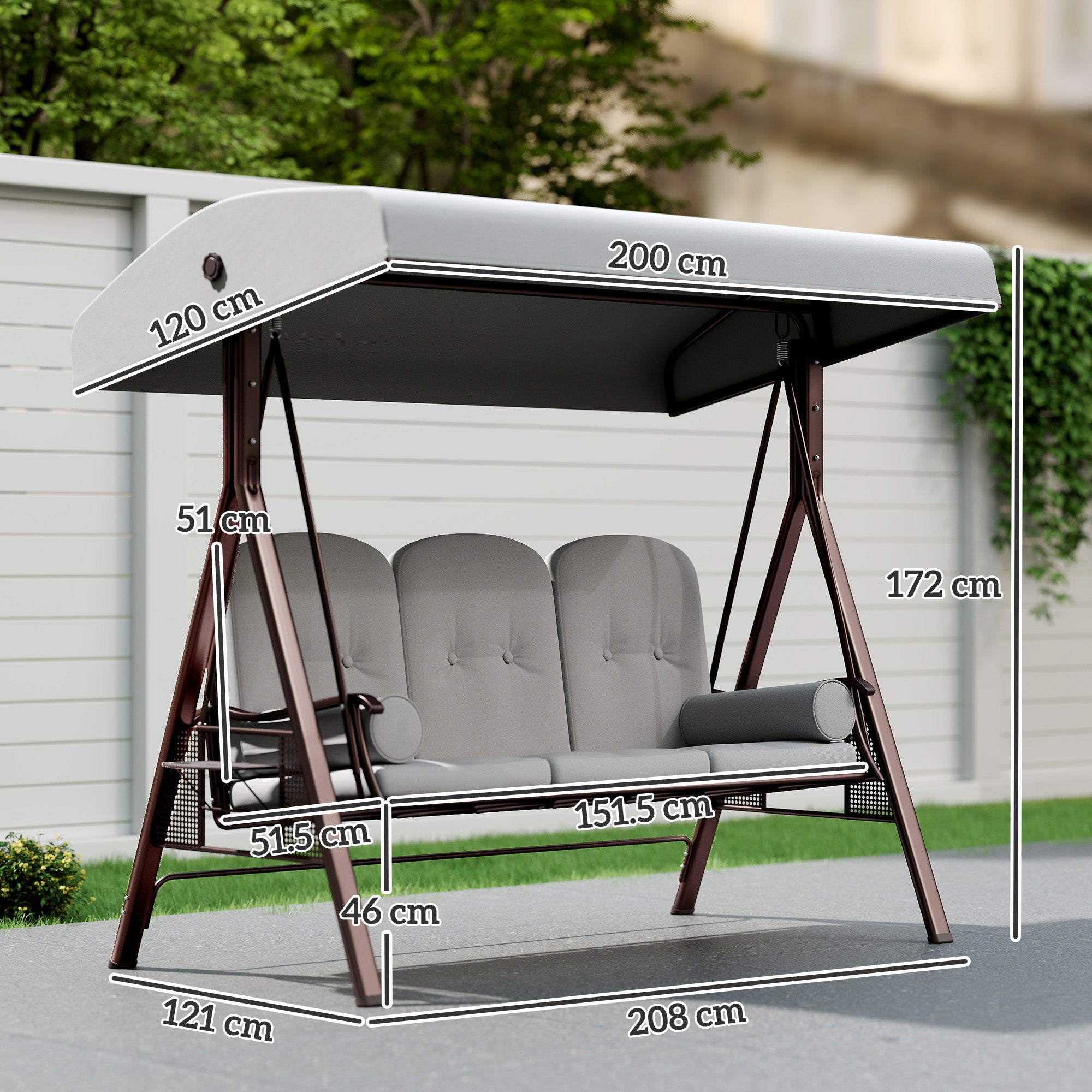 Outsunny 3 Seater Canopy Swing Chair, Outdoor Garden Swing Seat with Adjustable Canopy, Cushions and Cup Trays, Steel Frame, Light Grey 