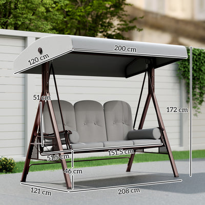 Outsunny 3 Seater Canopy Swing Chair, Outdoor Garden Swing Seat with Adjustable Canopy, Cushions and Cup Trays, Steel Frame, Light Grey 