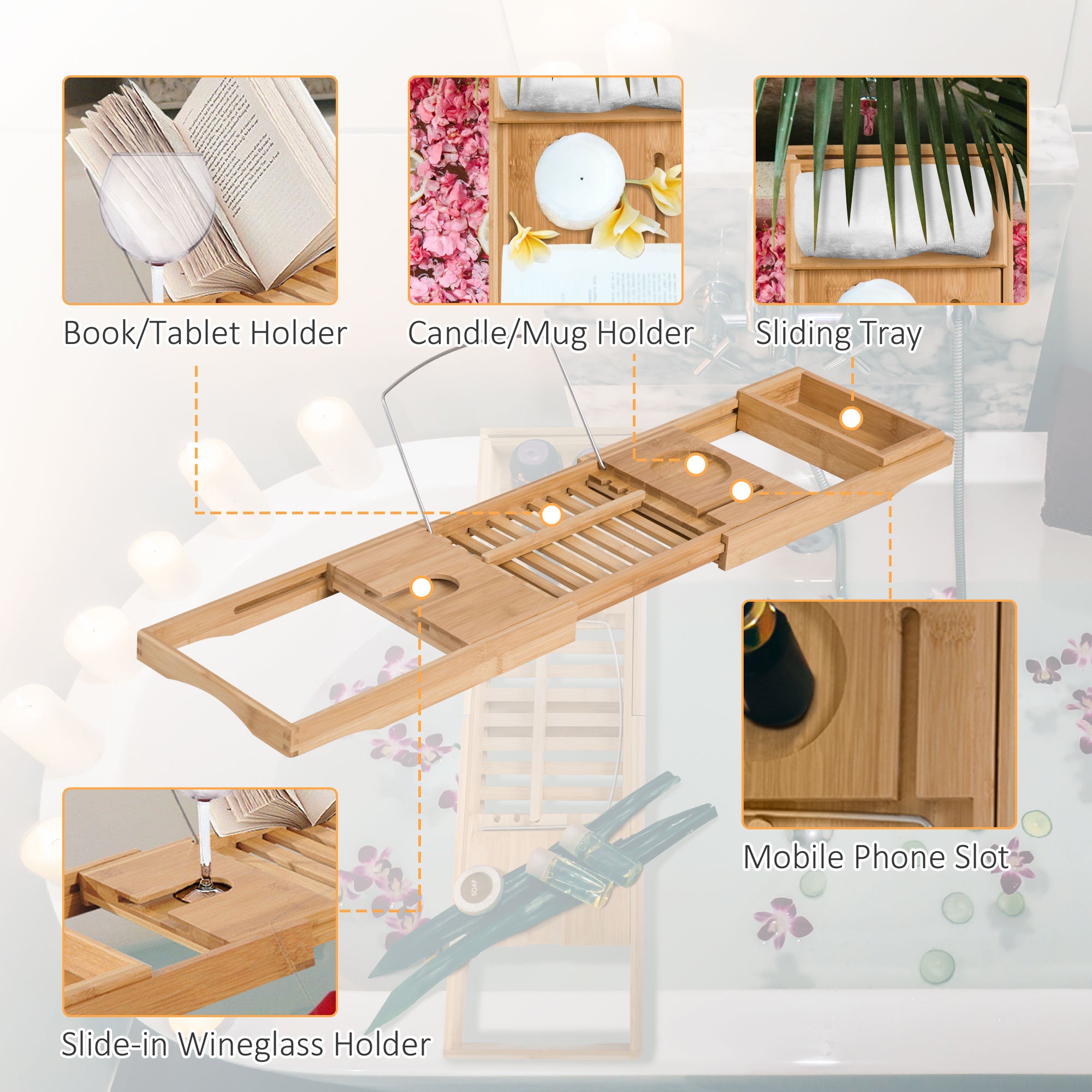 HOMCOM Extendable Bamboo Bathtub Shelf Rack Bath Caddy Tray Bathroom Storage 