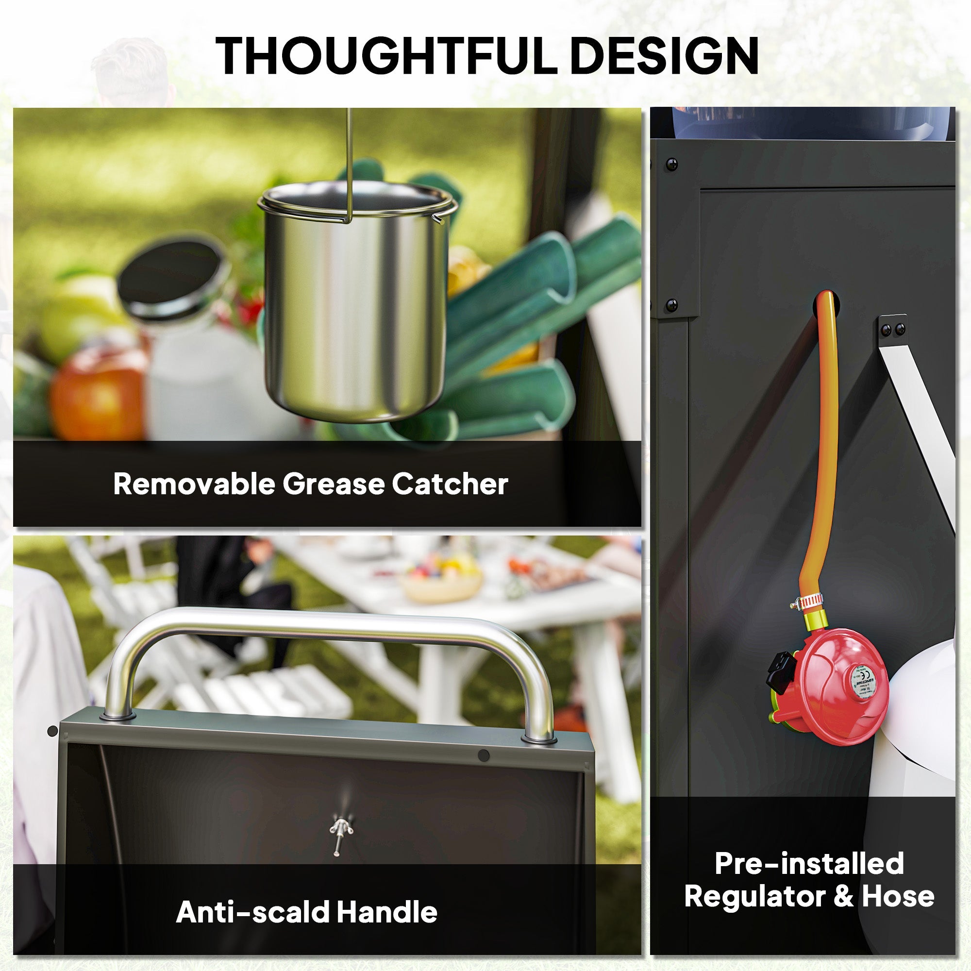 Outsunny 3+1 Burner Gas BBQ Grill with Storage Cabinet and Shelves, 11.6 kW Gas Barbecue Trolley with 6 Castor Wheels, Warming Rack, Thermometer for Outdoor Cooking Garden Party, Black 