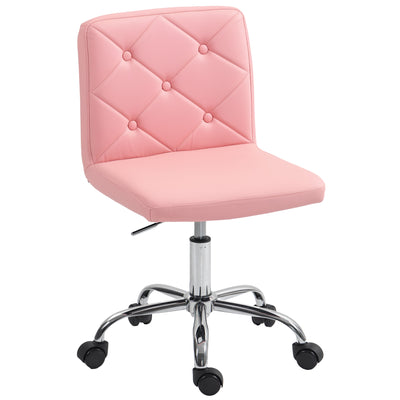 HOMCOM PU Leather Armless Office Chair, Modern Vanity Computer Swivel Chair with Rolling Wheels and Adjustable Height for Home Study, Bedroom, Pink 