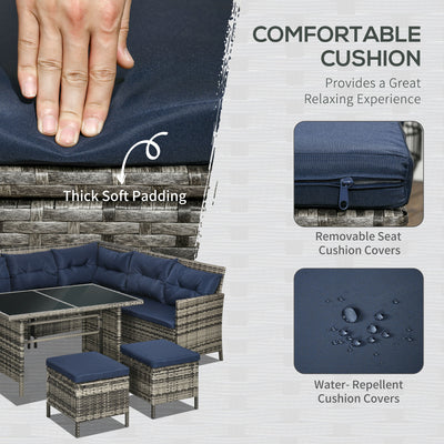Outsunny 7-Seater Patio wicker Sofa Set Rattan Chair Furniture w/ Glass & Cushioned, Dark Blue 