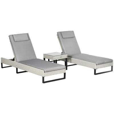Outsunny 3-piece PE Rattan Sun Lounger Set with Adjustable 5-Position Recliner, Patio Chaise Lounge Chair Set with Cushions, Headrests, Glass Top Square Coffee Table, Light Grey 