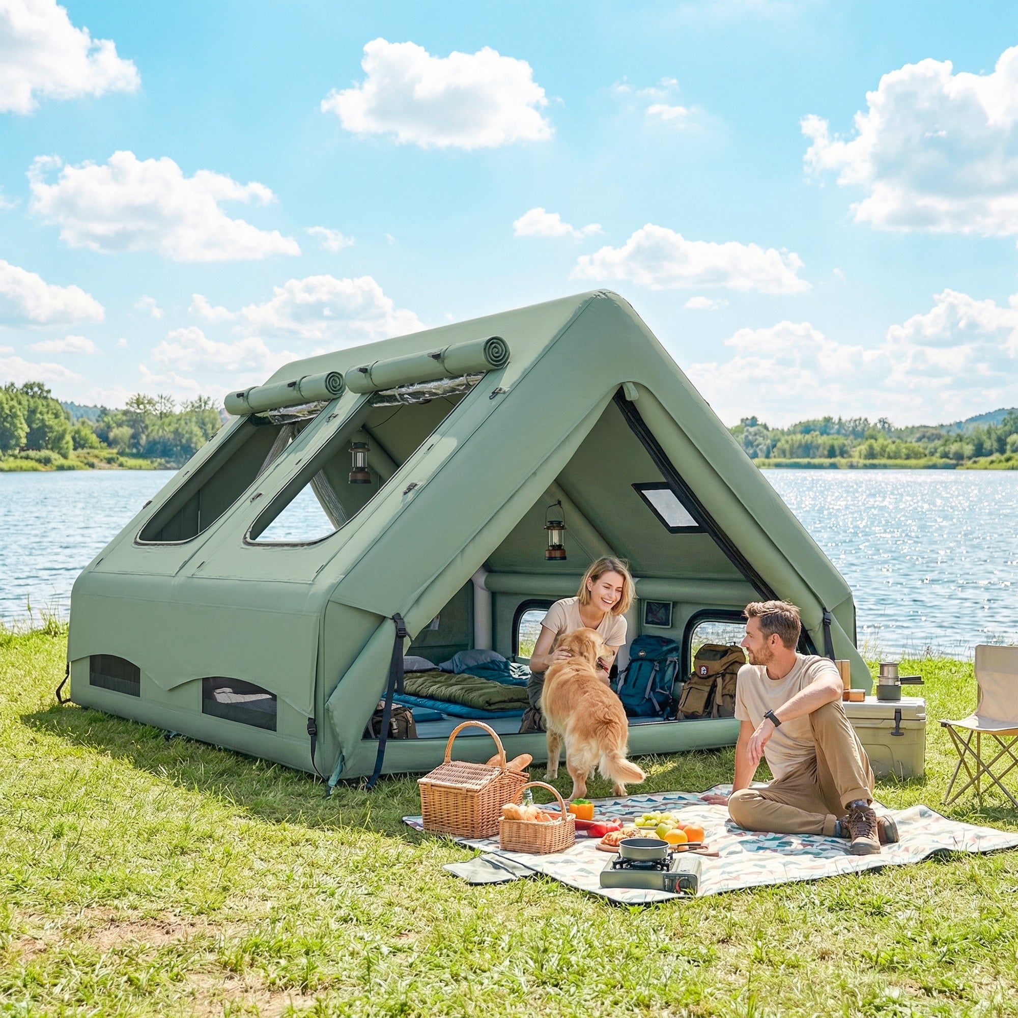 Outsunny Inflatable Camping Tent, 4 Season Hot Tent 10000mm Waterproof with Chimney Opening, Sky Light and Air Pump, Green 