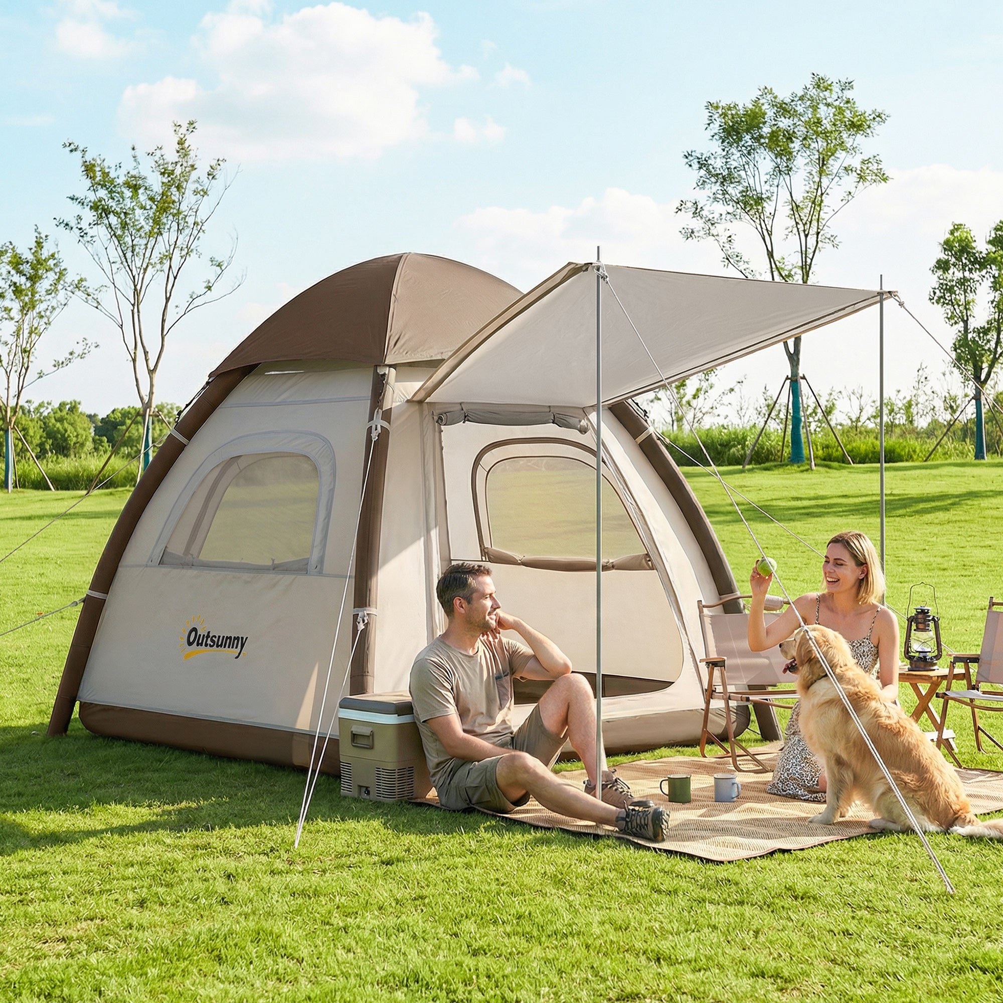 Outsunny Inflatable Camping Tent with Rainfly, 3 Man Air Tent 3000mm Waterproof Blow Up Tents, Cream 