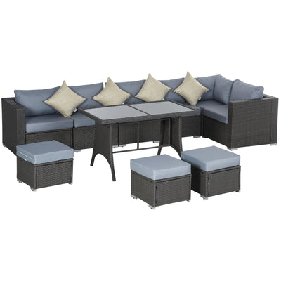 Outsunny 9-Seater Garden Rattan Furniture 10 Pcs Rattan Corner Dining Sofa Set, Grey/Dusty Blue Cushion 