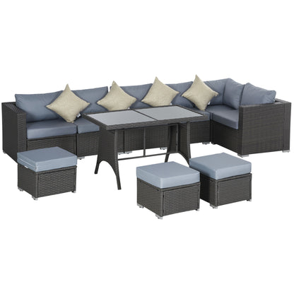 Outsunny 9-Seater Garden Rattan Furniture 10 Pcs Rattan Corner Dining Sofa Set, Grey/Dusty Blue Cushion 