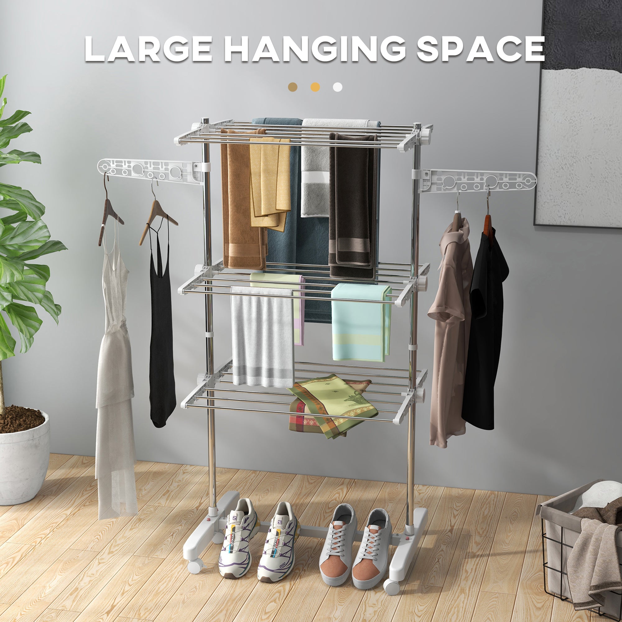 HOMCOM 3-Tier Clothes Airer, Stainless Steel Foldable Clothes Drying Rack with Wheels and Wings, Indoor and Outdoor, Easy Assembly, 142 x 55 x 152cm, White 