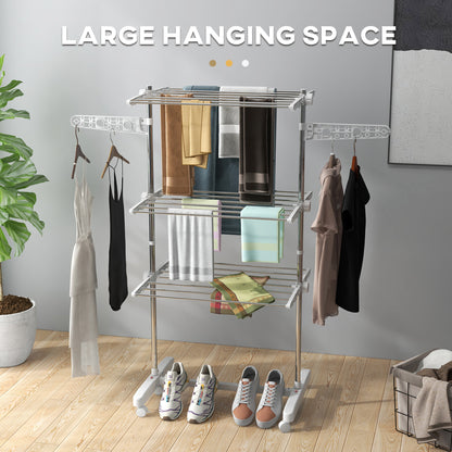 HOMCOM 3-Tier Clothes Airer, Stainless Steel Foldable Clothes Drying Rack with Wheels and Wings, Indoor and Outdoor, Easy Assembly, 142 x 55 x 152cm, White 