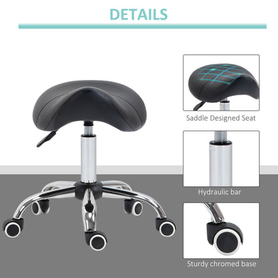 HOMCOM Cosmetic Stool 360° Rotate Height Adjustable Salon Massage Spa Chair Hydraulic Rolling Faux Leather Saddle Stool Mobility, Black 