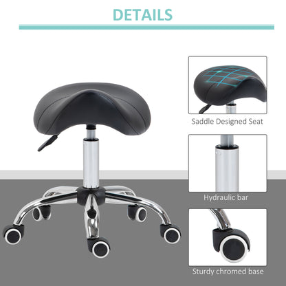 HOMCOM Cosmetic Stool 360° Rotate Height Adjustable Salon Massage Spa Chair Hydraulic Rolling Faux Leather Saddle Stool Mobility, Black 