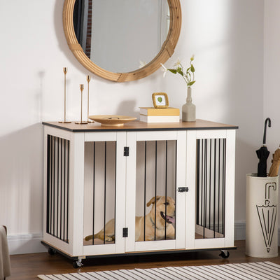 PawHut Dog Crate Furniture, Dog Cage End Table with Wheels, Lockable Door, for Medium Dogs, 106 x 60 x 82 cm - White 