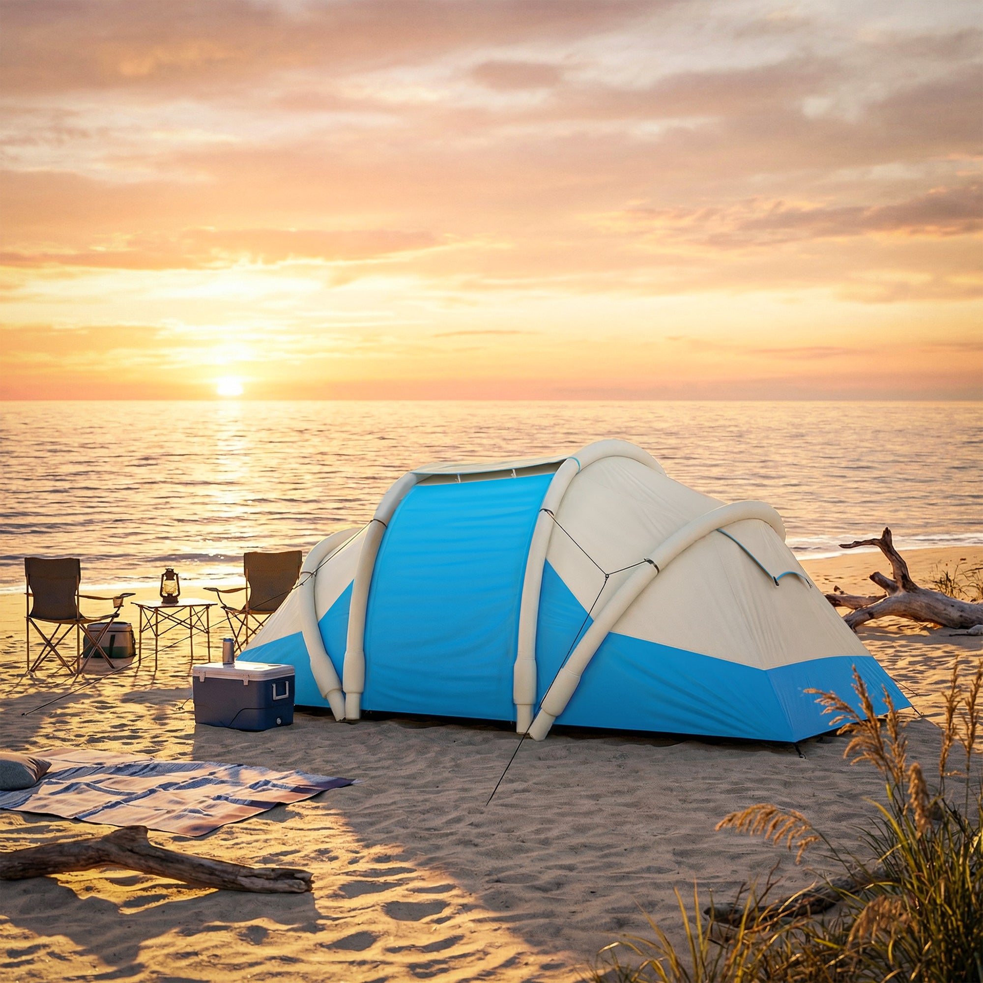 Outsunny Inflatable Tent 2 Bedroom 3000mm Waterproof Windproof Air Tent with Carry Bag for 4 Person 