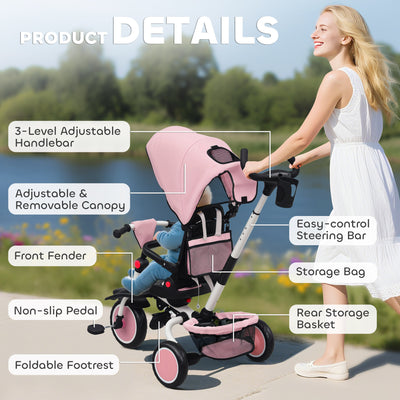 AIYAPLAY 6 in 1 Foldable Kids Trike with Adjustable Parent Handle & Canopy for Ages 1-5, Pink 