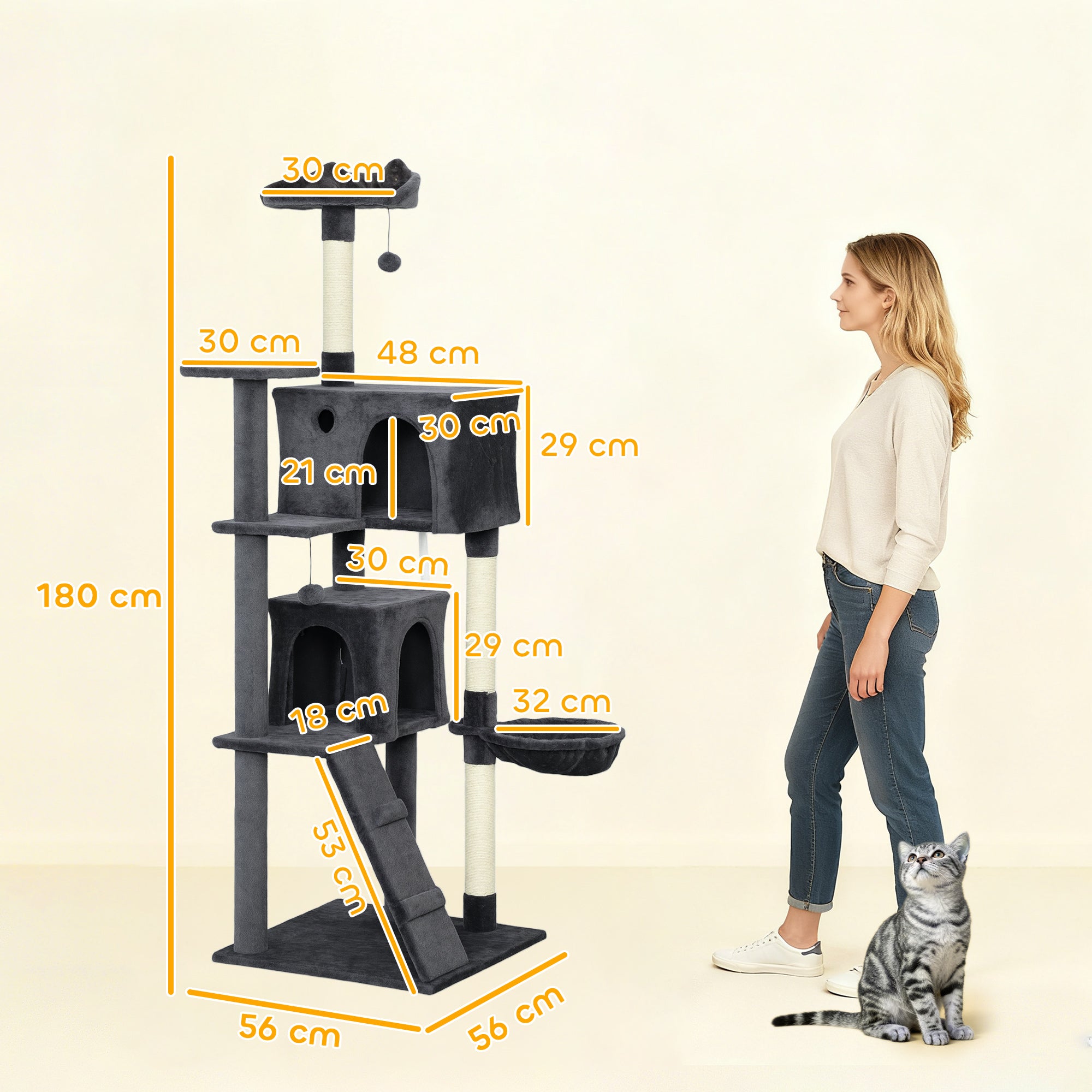 PawHut 180cm Large Cat Tree Tower with Sisal Scratching Posts, Condos, Plush Perches, Hammock, Ladder, Dark Grey 
