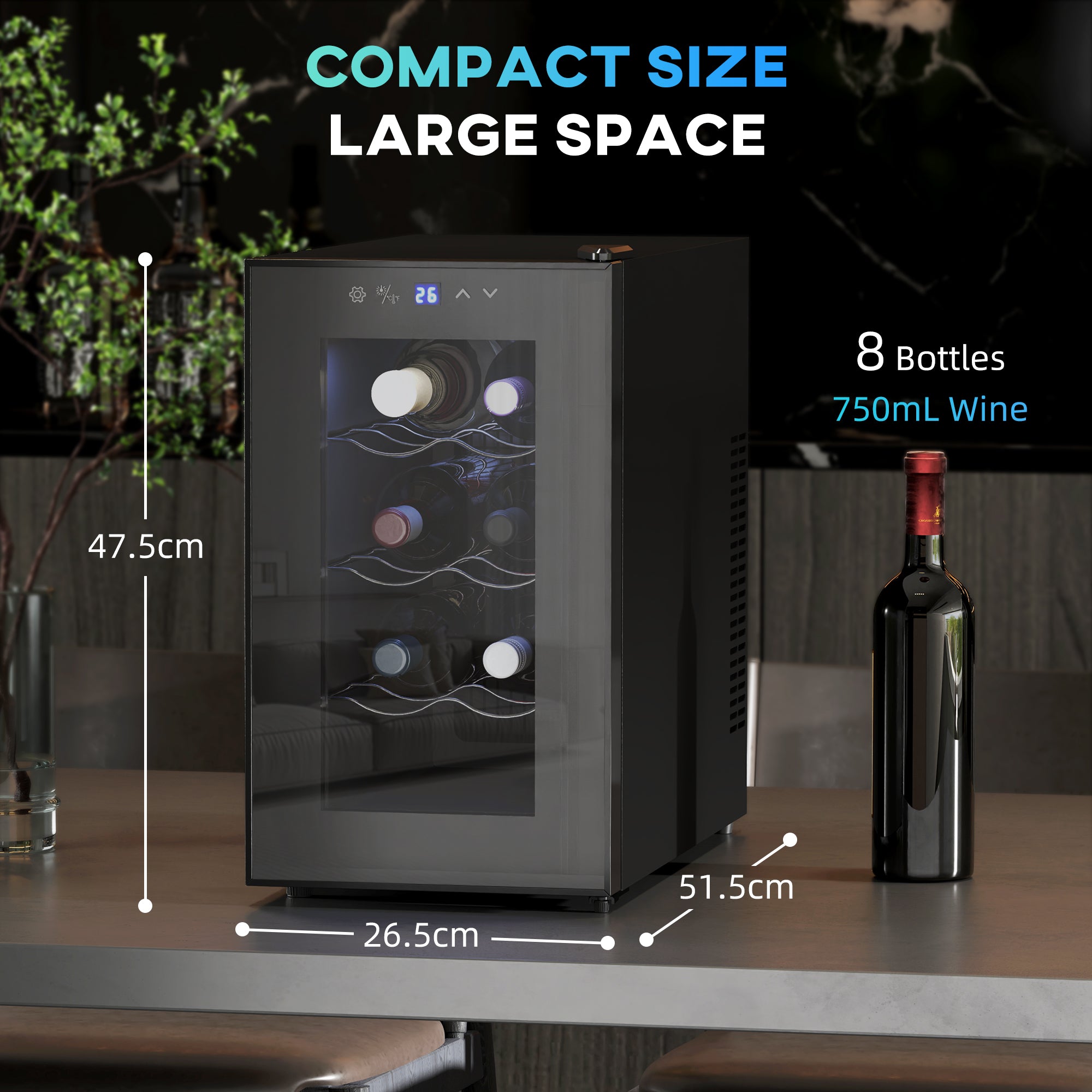 HOMCOM Mini Wine Fridge, 8 Bottle, 21L, 26.5cm, Freestanding and Under Counter, Quiet Wine Cooler Fridge with Glass Door, LED Light, Digital Touch Screen, Temperature Control