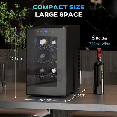 HOMCOM Mini Wine Fridge, 8 Bottle, 21L, 26.5cm, Freestanding and Under Counter, Quiet Wine Cooler Fridge with Glass Door, LED Light, Digital Touch Screen, Temperature Control 