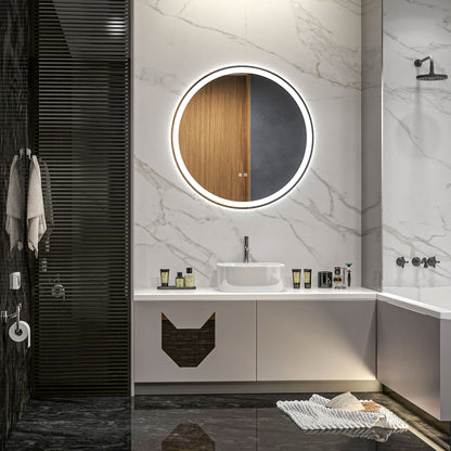 kleankin Round Bathroom Mirror with LED Lights, Wall Mount Dimmable Makeup Mirror with 3 Temperature Colours, Defogging Film and Memory Function, Frameless, Hardwired, 70 x 70\'c2\'a0cm