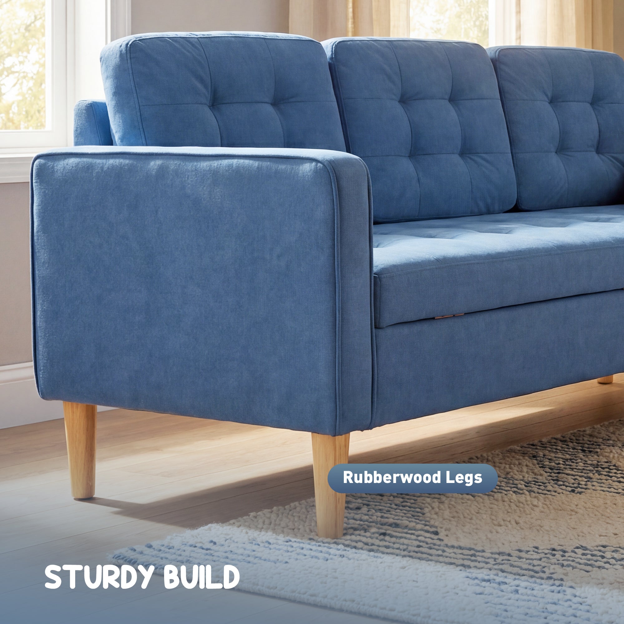 HOMCOM 3 Seater Sofa, 169cm Couch with Hidden Storage, Wood Legs, Blue 