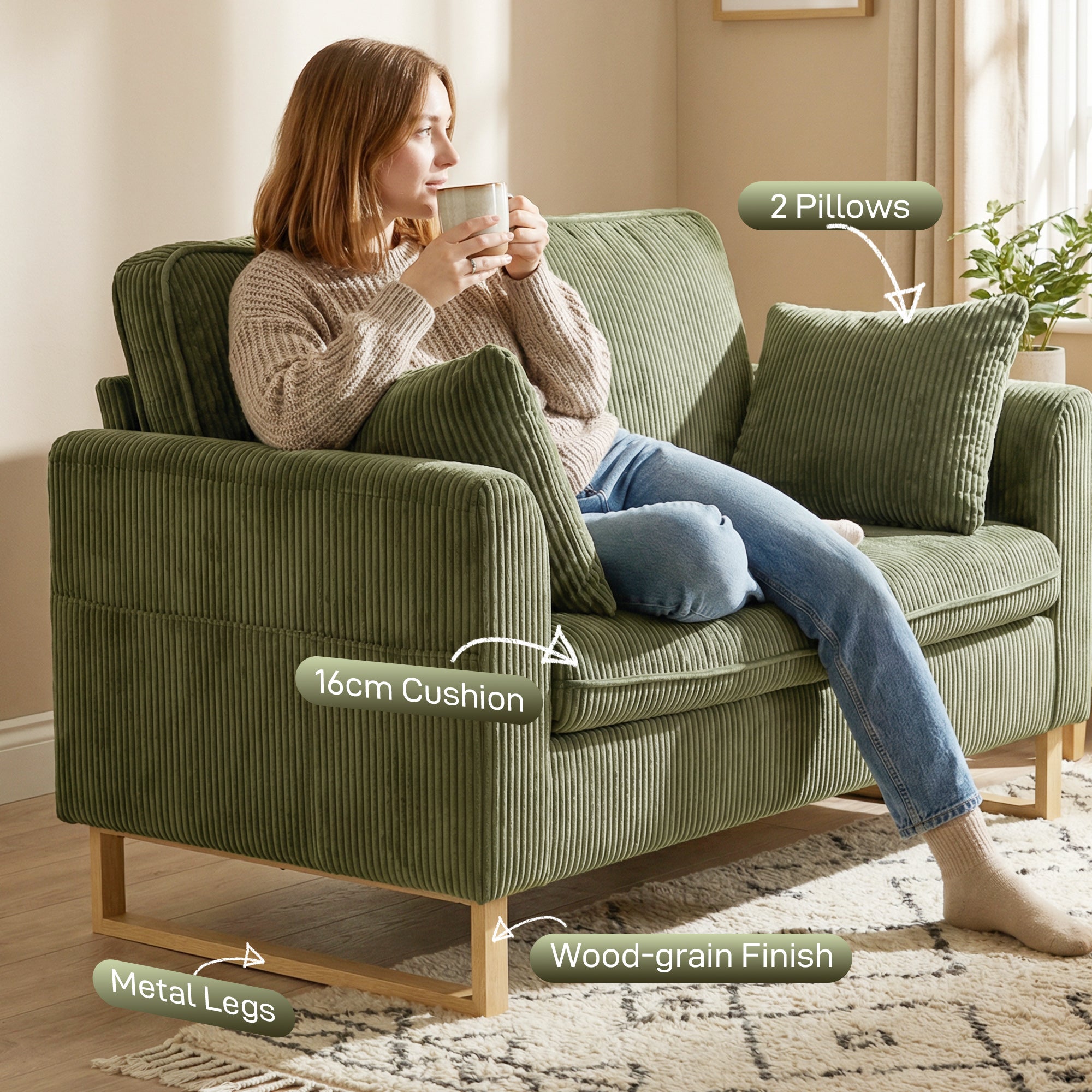 HOMCOM 2 Seater Sofa, 140 cm Loveseat Sofa with Spring Cushions, Metal Legs, 2 Pillows, Dark Green 