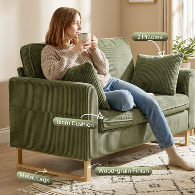 HOMCOM 2 Seater Sofa, 140 cm Loveseat Sofa with Spring Cushions, Metal Legs, 2 Pillows, Dark Green 