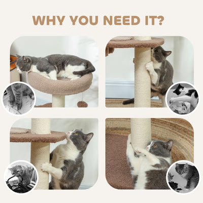 PawHut Cat Tree for Indoor Cats, 88cm Cat Tower with Sisal Scratching Post, Hanging Ball, Large Cat Perch, Stairs, Brown 