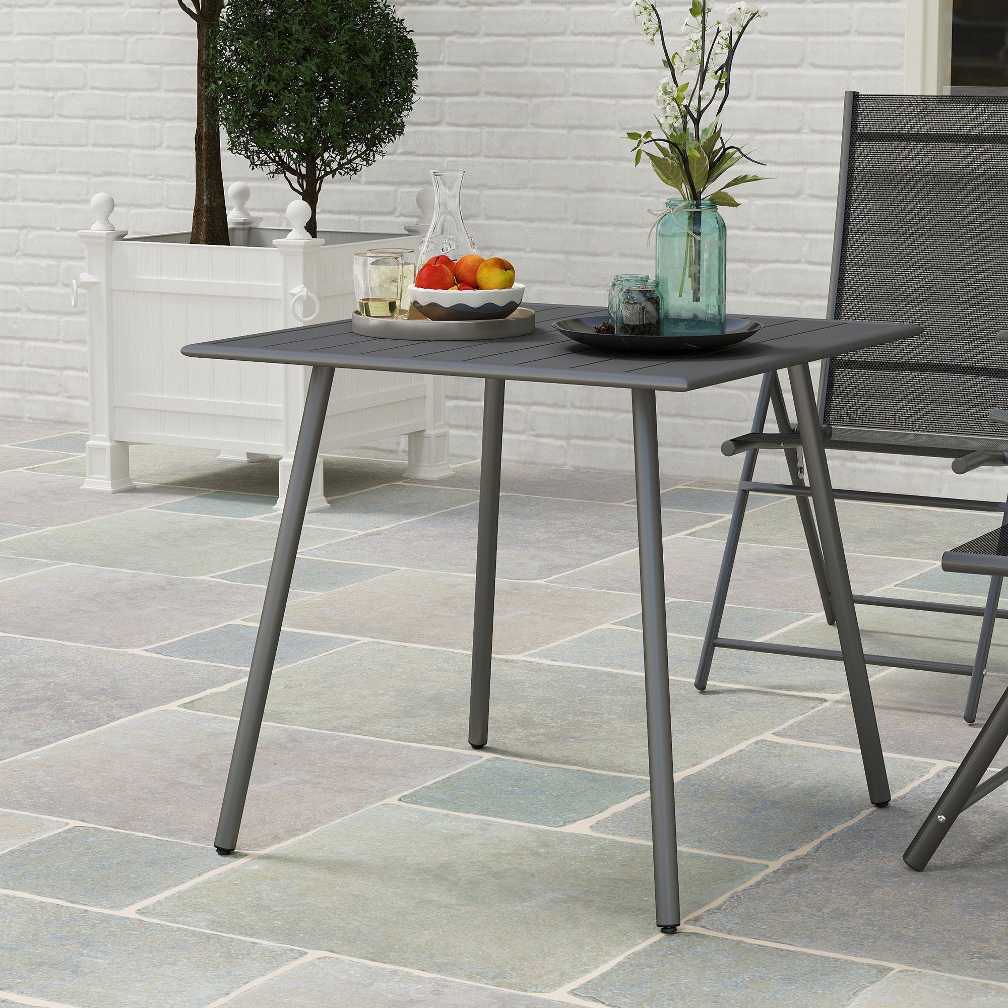 Outsunny Square Garden Table with Slat Top, Steel Frame, Outdoor Table for 4 Person, 80 x 80 x 74 cm, Grey 
