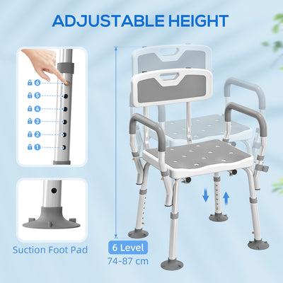 HOMCOM EVA Padded Shower Chair for the Elderly and Disabled, Height Adjustable Shower Stool with Back and Arms, 4 Suction Foot Pads, Light Grey 